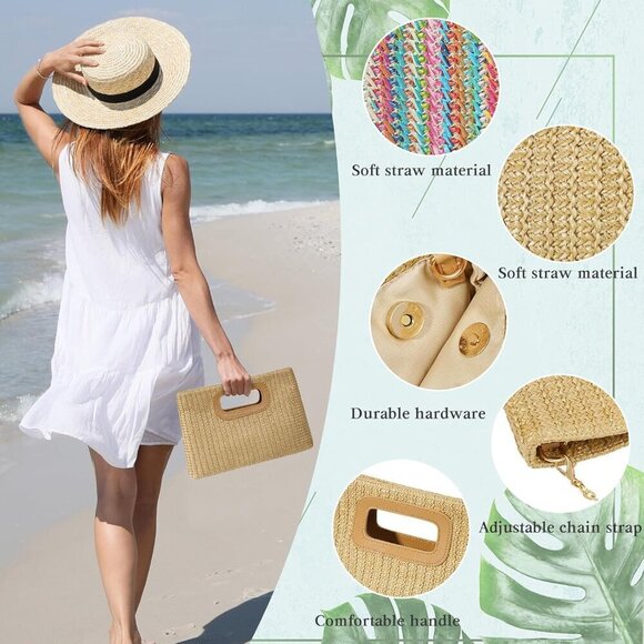 Women Straw Clutch Handbag Small Shoulder Crossbody Purse with Gold Chain main image 6
